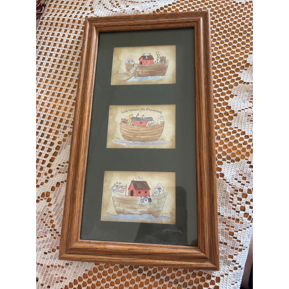 Vintage 1995 TCR Noahs Ark Framed Art God Keeps His Promises Nursery Decor 1240